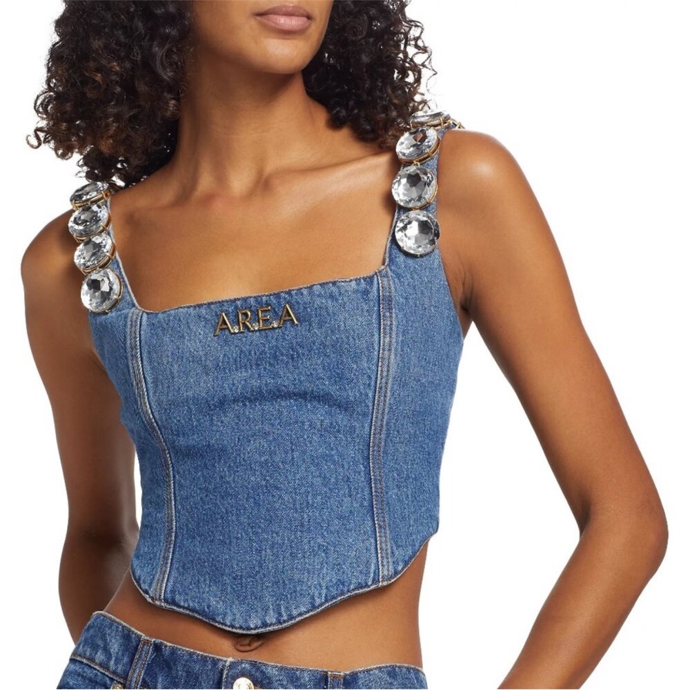 Area Jumbo Crystal Denim Corset bustier Top Color
Medium Wash Size